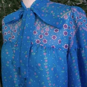 Floral Blue Blouse with Bow Collar